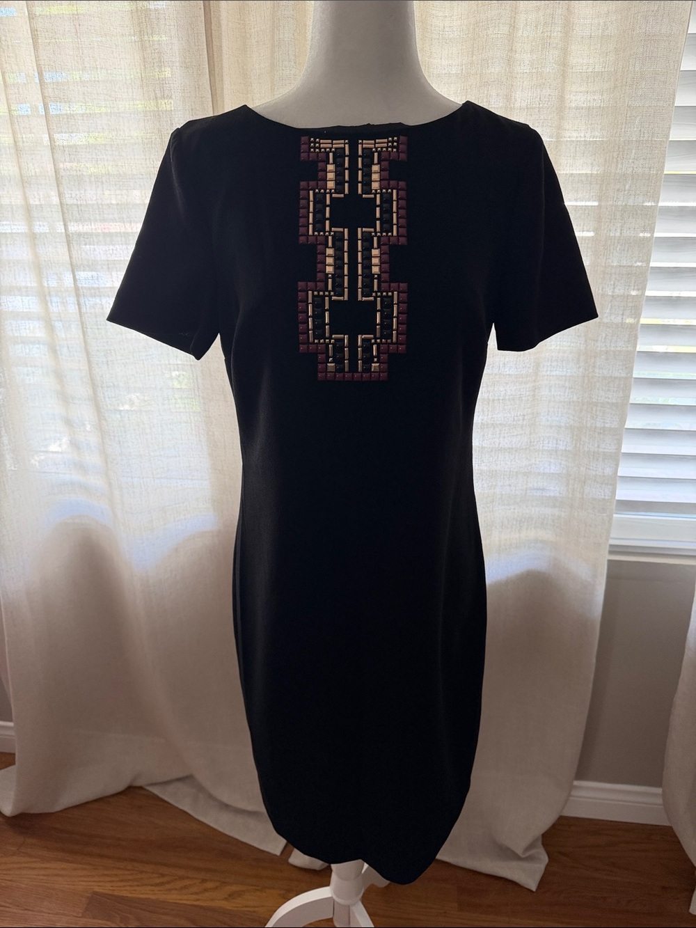 TRINA TURK Black Short-Sleeve Dress with Geometric Embellishment